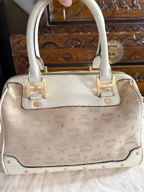 SALE MCM Cream and Beige Logo Satchel with Gold Hardware - Picture 2 of 10